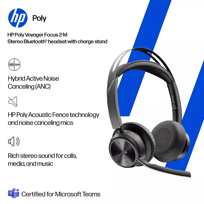 HP Poly Voyager Focus 2-M USB-C-C Headset με προσαρμογέα USB-C/A και βάση φόρτισης Poly+ 3 έτη