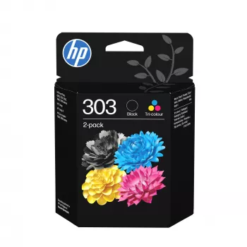 HP 303 συσκευασία 2 τεμ. μαύρο/τρίχρωμο γνήσια μελανοδοχεία, τυπική απόδοση, μαύρο, cyan, magenta, κίτρινο, χρωστική μελάνη, μελάνη βαφής, 4 ml, 4 ml