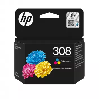 HP 308 Tri-color γνήσιο μελανοδοχείο, τυπική απόδοση, cyan, magenta, κίτρινο, μελάνη βαφής, 1 τεμ., 500 σελίδες, συσκευασία combo