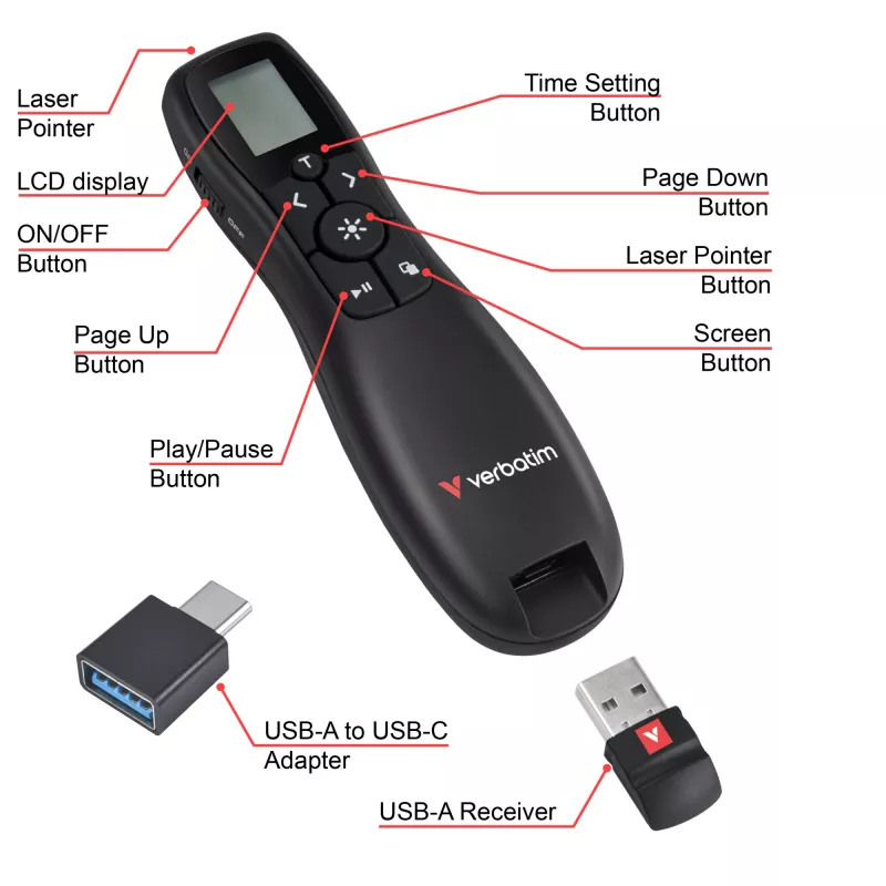 Verbatim Keynote ασύρματος παρουσιαστής με οθόνη LCD, RF, USB, 30 m, μαύρο