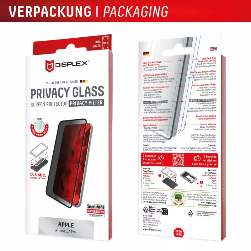 Displex Privacy Screen Protector (10H) για Apple iPhone 17 Pro, φίλτρο απορρήτου