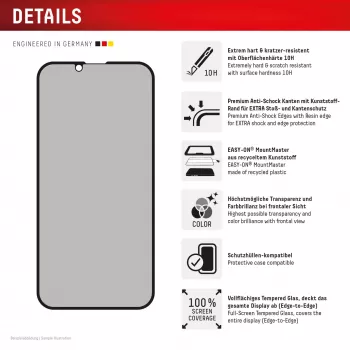 Privacy Panzerglas Displayschutz e.v.i. Displex (10H) για Apple iPhone 16e/17e με φίλτρο προστασίας από αδιάκριτα βλέμματα, αντοχή σε κραδασμούς και γρατσουνιές