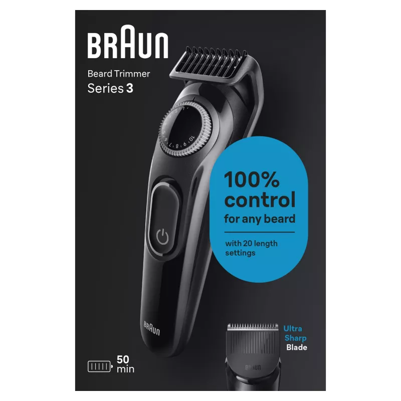 Braun BeardTrimmer 3 Beard Trm 3 BT3400, πλενόμενο, Μπαταρία, Μαύρο