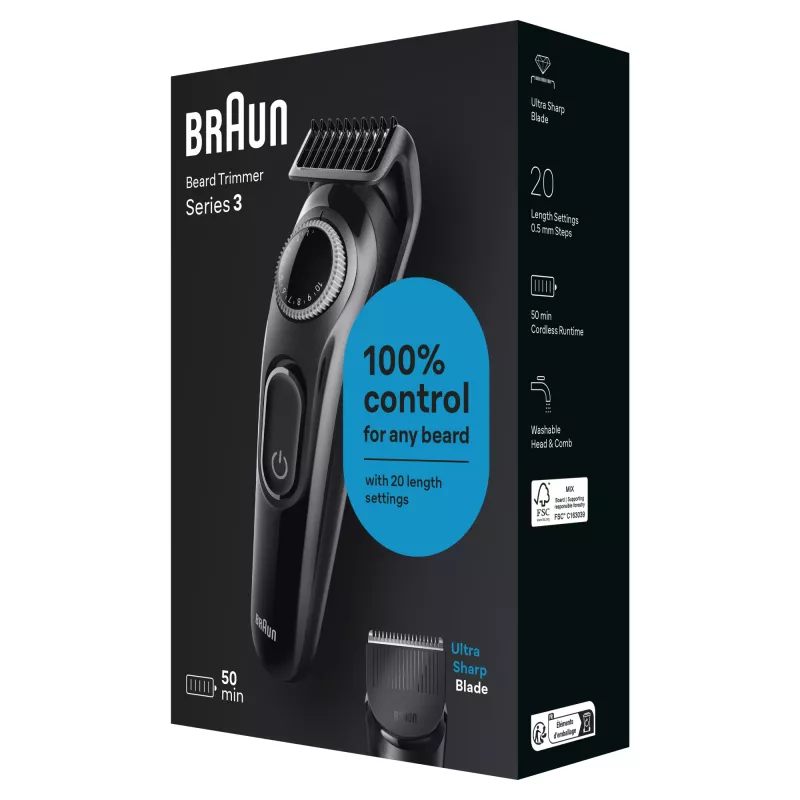 Braun BeardTrimmer 3 Beard Trm 3 BT3400, πλενόμενο, Μπαταρία, Μαύρο