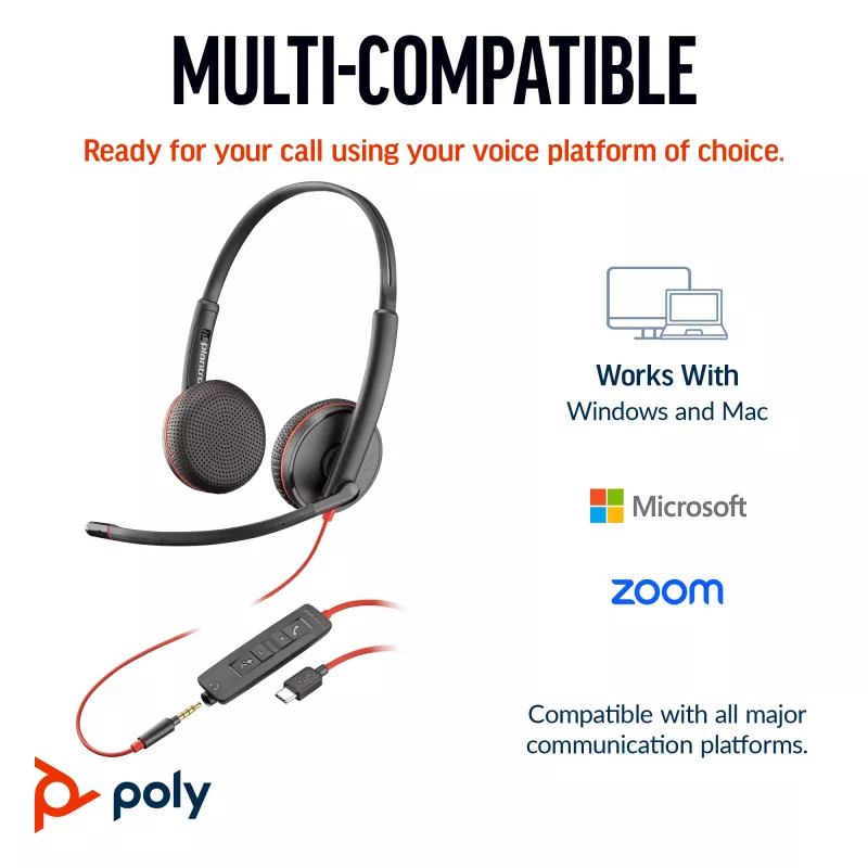HP Poly Blackwire 3225 στερεοφωνικό headset USB-C +3,5-mm βύσμα +προσαρμογέας USB-C/A (Bulk)