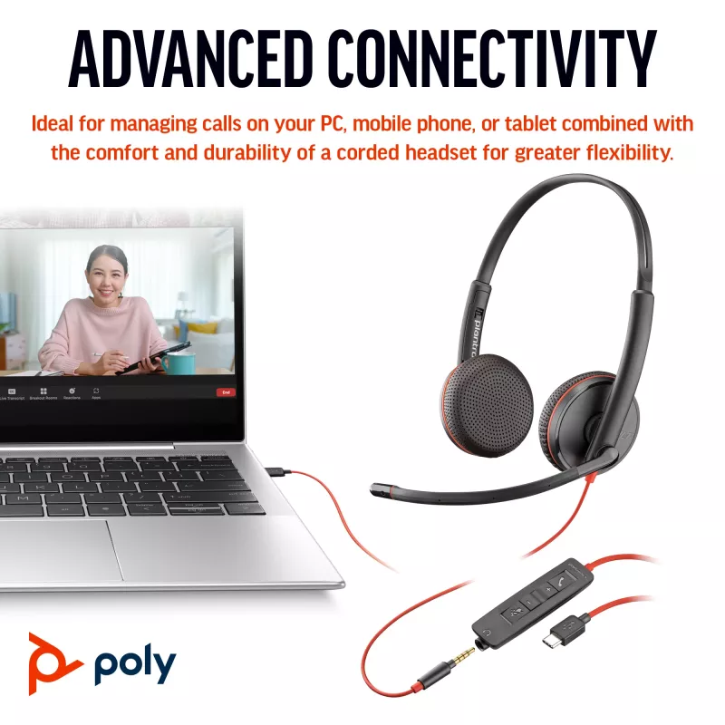 HP Poly Blackwire 3225 στερεοφωνικό headset USB-C +3,5-mm βύσμα +προσαρμογέας USB-C/A (Bulk)