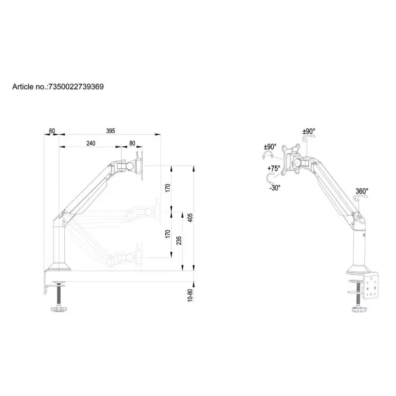 Multibrackets M VESA Gas Lift Arm Βάση γραφείου ή τοίχου Basic Μαύρο Σφιγκτήρας/Βίδωμα 10 kg