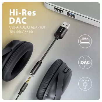 Axagon ADA-HA USB-A σε 3,5-mm Καρφί Hi-Res DAC Προσαρμογέας ήχου, 384 kHz/32 Bit, Στερεοφωνικός