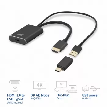 ACT αντάπτορας HDMI σε υποδοχή USB Type-C, 4K@60Hz. Μήκος καλωδίου: 0,25 m, Σύνδεση 1: USB Type-C, Σύνδεση 2: HDMI + USB. Ποσότητα ανά συσκευασία: 1 τεμ.