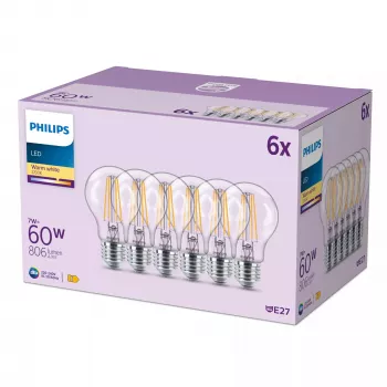 Philips Λαμπτήρας πυρακτώσεως νήματος διαφανής 60 W A60 E27 x6, 7 W, 60 W, E27, 806 lm, 15000 h