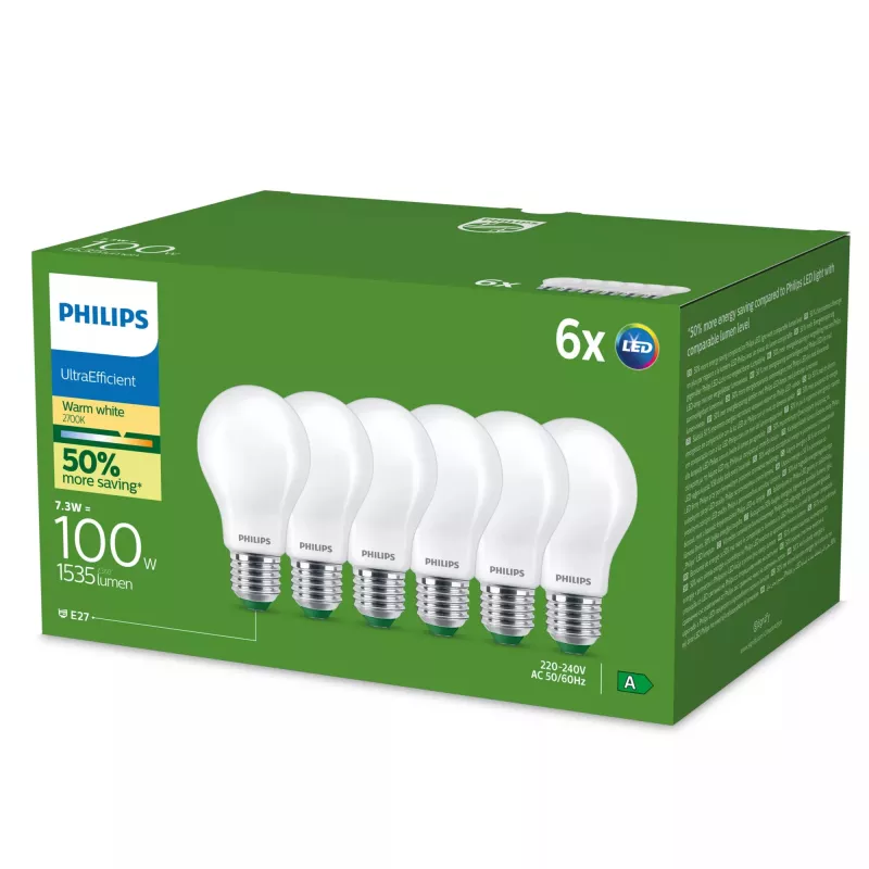 Philips Ultra Efficient Λαμπτήρας LED E27 A60, 7,3 W (ισοδύναμο 100 W), 2700 K, συσκευασία 6 τεμ.