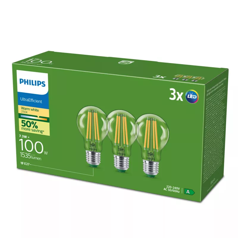 Philips Ultra Efficient Λαμπτήρας LED E27 A60, 7,3 W (ισοδύναμο 100 W), 2700 K, συσκευασία 3 τεμ.