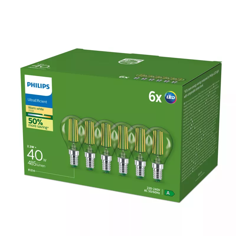 Philips Ultra Efficient Λάμπα LED E14 P45, 2,1 W (ισοδύναμο 40 W), 2700 K, συσκευασία 6 τεμαχίων