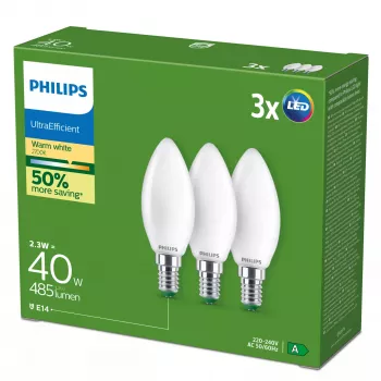 Philips Ultra Efficient Λαμπτήρας LED E14 B35, 2,1 W (ισοδύναμο 40 W), 2700 K, συσκευασία 3 τεμ.