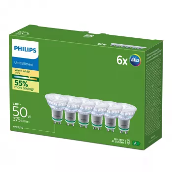 Philips Ultra Efficient Λαμπτήρας LED GU10, 2,1 W (ισοδύναμο 50 W), 2700 K, 36 μοίρες, συσκευασία 6 τεμ.