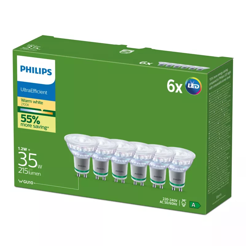 Philips Ultra Efficient Λάμπα LED GU10, ισοδύναμο 35 W, 2700 K, 36 μοίρες, συσκευασία 6 τεμαχίων