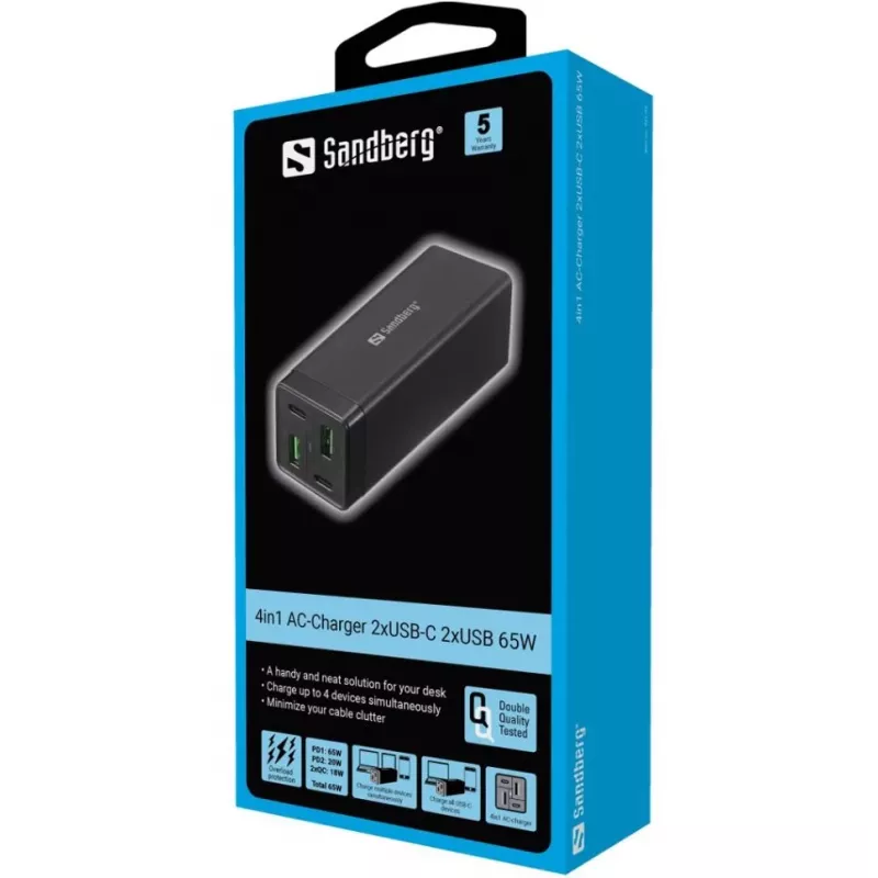 SANDBERG Τροφοδοτικό - 65 Watt - 3,25 A - PD, QC - 4 θύρες εξόδου (2 x USB, 2 x USB-C)