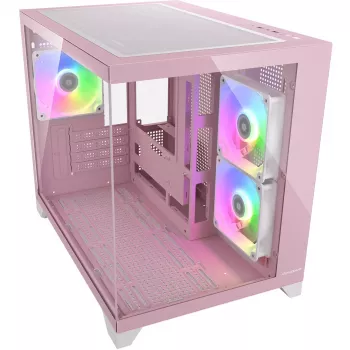 Κουτί υπολογιστή Mini-Tower Cougar FV150 ARGB – ροζ, υποστηρίζει 2x 120/140 mm πλαϊνούς ανεμιστήρες, 1x 120 mm πίσω, 2,5 ίντσες/3,5 ίντσες HDD, 285×435×365 mm