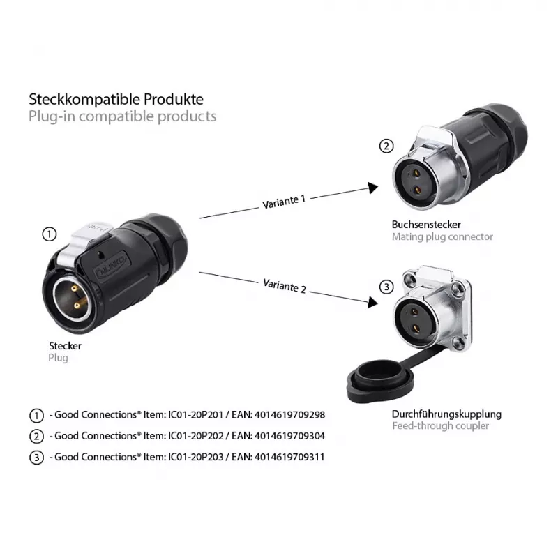Βύσμα καλωδίου S1 Power 2-πολικό Μαύρο Alcasa IC01-20P201