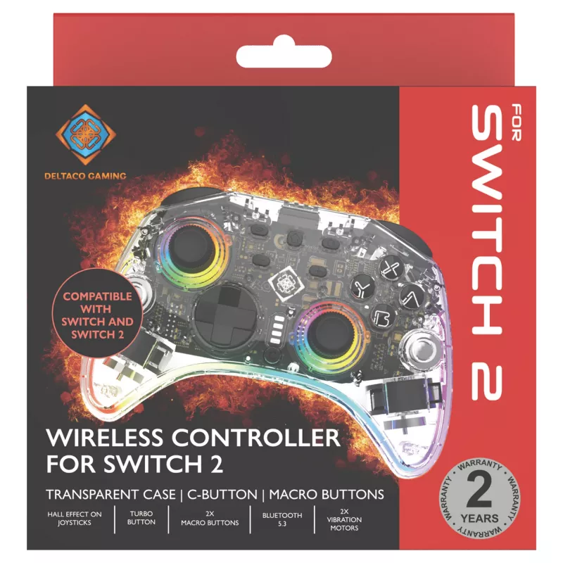 Gamepad Deltaco Gaming GAM-198-T διαφανές Bluetooth/USB USB-C για Nintendo Switch, Switch 2, Switch OLED, Android, PC