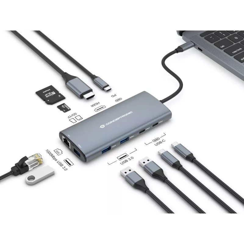 CONCEPTRONIC 10-1 Dock USB-C->HDMI/2xUSB-C/3xUSB-A/+ 20cm γκρι