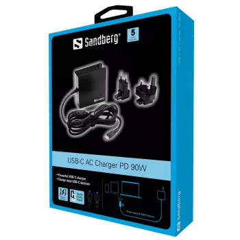Sandberg φορτιστής AC USB-C PD 90W EU+UK, εσωτερικού χώρου, AC, 20,2 V, 4,5 A, 1,8 m, μαύρο