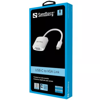 Sandberg καλώδιο USB-C σε VGA, USB Type-C, VGA (D-Sub), αρσενικό, θηλυκό, 1920 x 1080 (HD 1080), 2048 x 1152, 1080p