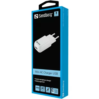 Sandberg mini φορτιστής AC USB 1A EU, εσωτερικού χώρου, AC, 5 V, μαύρο, λευκό