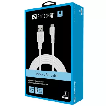Sandberg καλώδιο συγχρονισμού/φόρτισης MicroUSB 3 m, 3 m, USB A, Micro-USB B, USB 2.0, αρσενικό/αρσενικό, λευκό