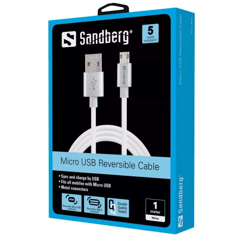 Sandberg καλώδιο MicroUSB Reversible 1m, 1 m, USB A, Micro-USB A, ασημί, λευκό