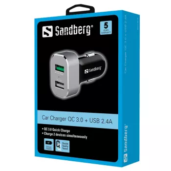 Sandberg φορτιστής αυτοκινήτου 1xQC 3.0+1xUSB2.4A, αυτοκίνητο, αναπτήρας, 12 V, αλουμίνιο, μαύρο