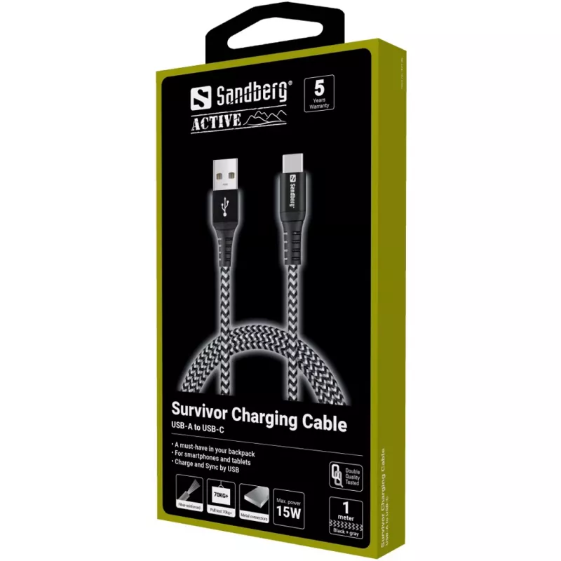 Sandberg καλώδιο Survivor USB-C—USB-A 1 m, 1 m, USB A, USB C, USB 2.0, μαύρο, γκρι