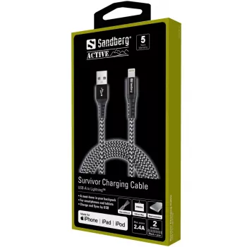Sandberg καλώδιο Survivor Lightning 2 m, 2 m, Lightning, USB A, αρσενικό, αρσενικό, μαύρο, γκρι