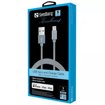 Sandberg Excellence Lightning γκρι 1m, 1 m, Lightning, USB A, γκρι, ευθύ, ευθύ
