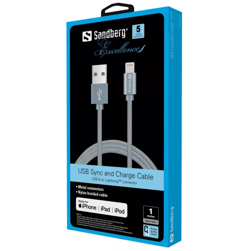 Sandberg Excellence Lightning γκρι 1m, 1 m, Lightning, USB A, γκρι, ευθύ, ευθύ