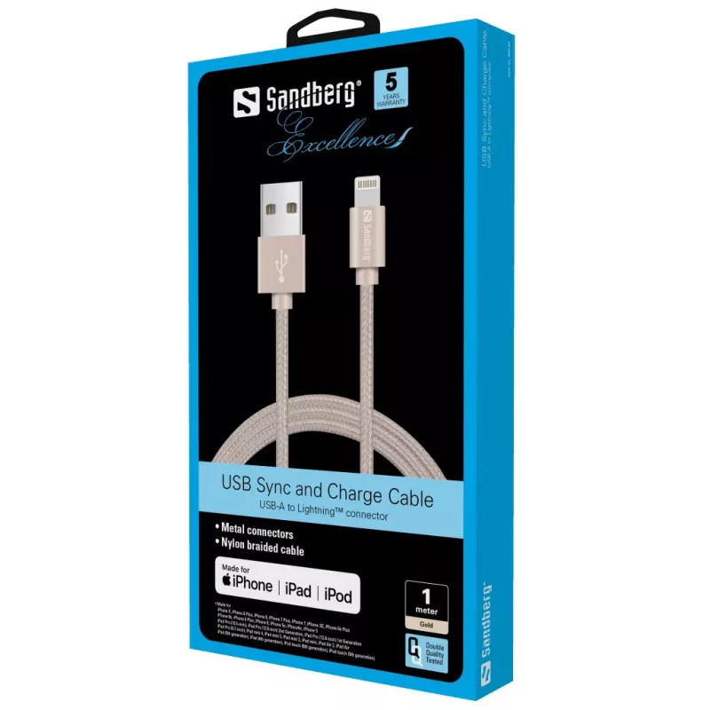 Sandberg Excellence Lightning χρυσό 1m, 1 m, Lightning, USB A, χρυσό, ευθύ, ευθύ