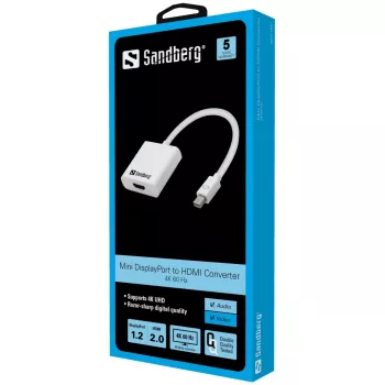 Sandberg προσαρμογέας MiniDP1.2>HDMI2.0 4K60, Mini DisplayPort, HDMI, αρσενικό, θηλυκό, 3840 x 2160 pixel, 6 Gbit/s