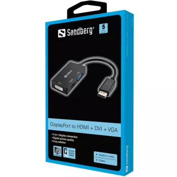 Sandberg προσαρμογέας DP>HDMI+DVI+VGA, 0,19 m, DisplayPort, VGA (D-Sub)+ HDMI + DVI, αρσενικό, θηλυκό, 3840 x 2160 pixel