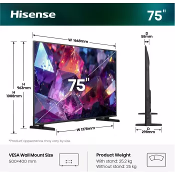 Hisense 75E7S PRO TV 189 cm (75 ίντσες) UHD+ Smart-TV Wi-Fi Μαύρο 350 cd/m²