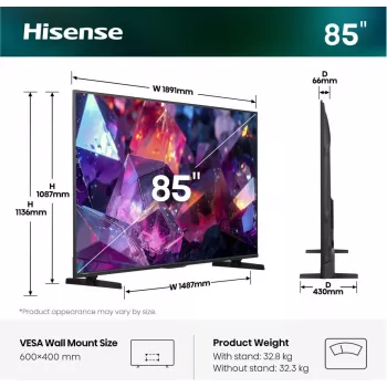 Hisense 85E7S PRO TV 2,16 m (85 ίντσες) UHD+ Smart-TV Wi-Fi Μαύρο 400 cd/m²