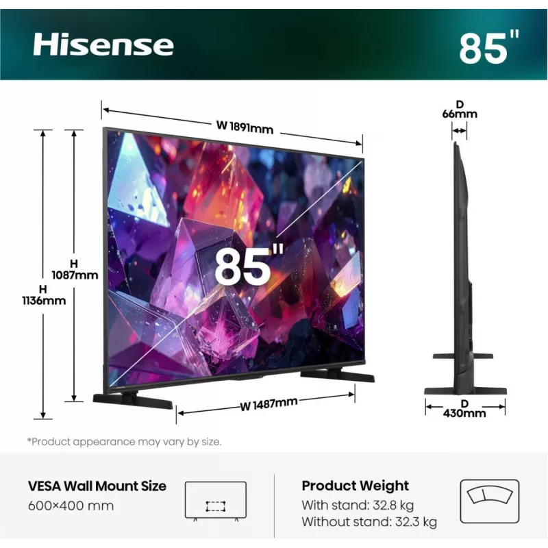 Hisense 85E7S PRO TV 2,16 m (85 ίντσες) UHD+ Smart-TV Wi-Fi Μαύρο 400 cd/m²