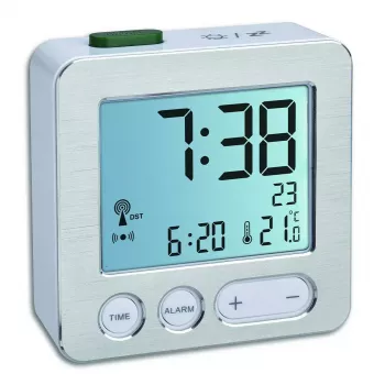 Ψηφιακό ξυπνητήρι TFA 60.2545.54 — ορθογώνιο, ασημί LCD, μπλε οπίσθιος φωτισμός, μπαταρία (AAA)