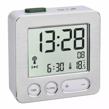 Ψηφιακό ξυπνητήρι TFA 60.2545.54 — ορθογώνιο, ασημί LCD, μπλε οπίσθιος φωτισμός, μπαταρία (AAA)