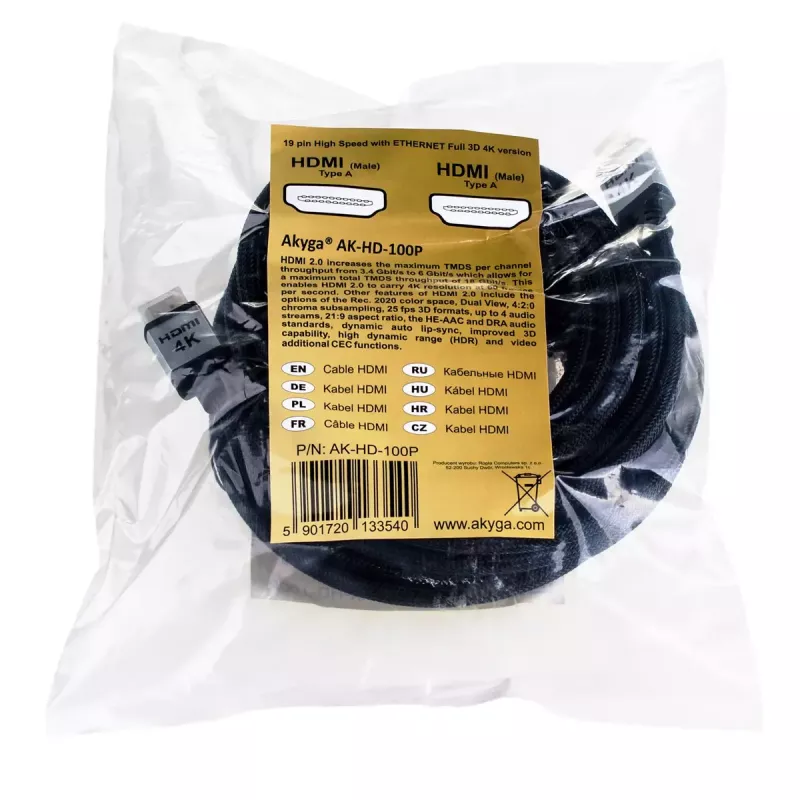 Καλώδιο Akyga AK-HD-100P HDMI-2.0, πλεκτό, σειρά PRO, 10 m, μαύρο