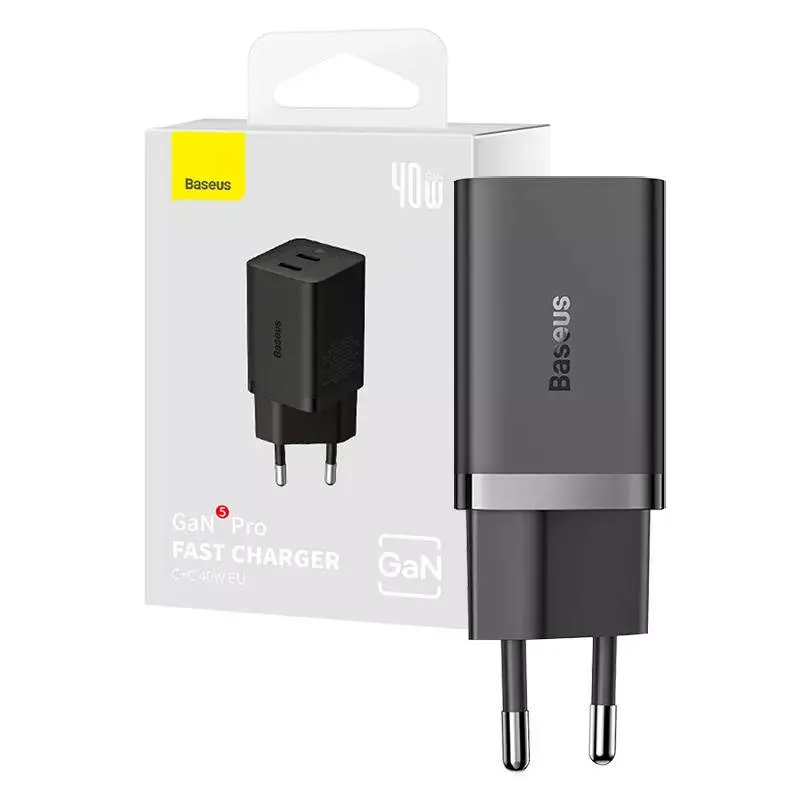 Επιτοίχιος φορτιστής Baseus GaN5 40 W, 2x USB-C (μαύρο)