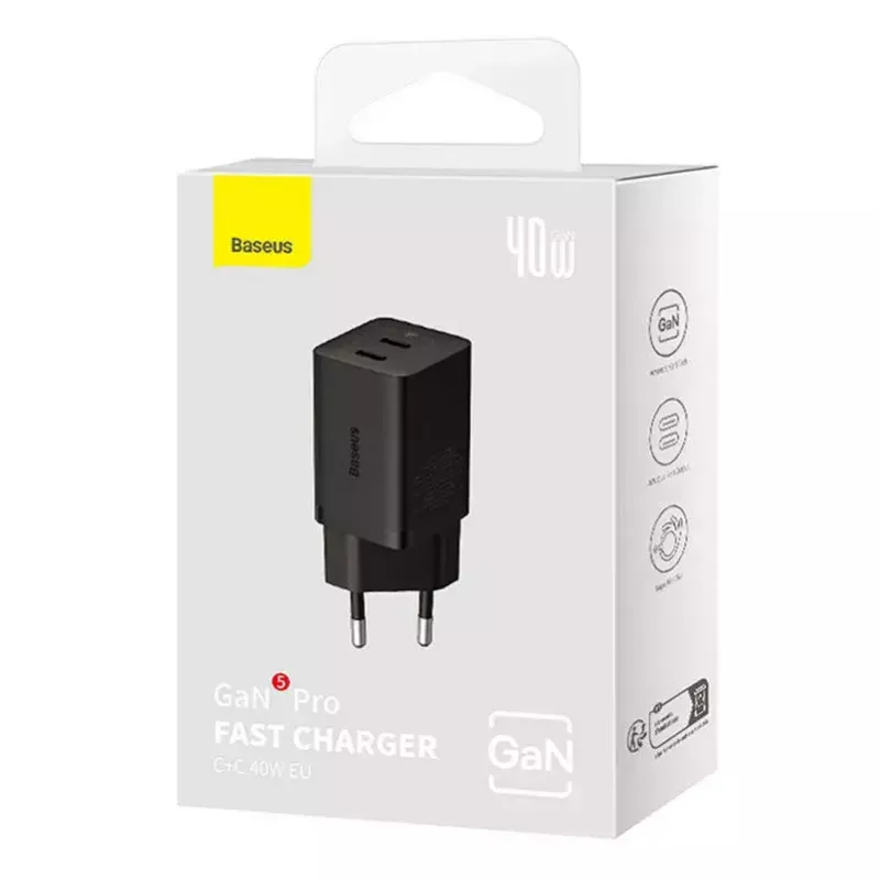 Επιτοίχιος φορτιστής Baseus GaN5 40 W, 2x USB-C (μαύρο)