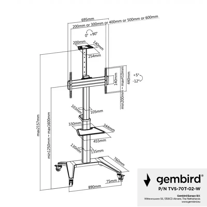 Βάση TV βάση δαπέδου 37-70/WEISS TVS-70T-02-W Gembird