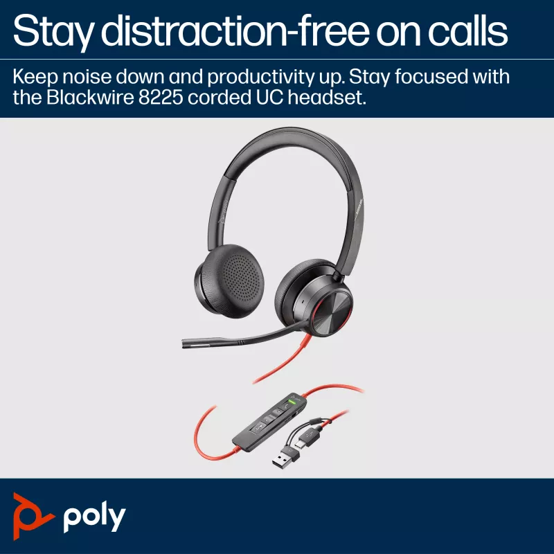 HP Poly Blackwire 8225 Stereo USB-C ακουστικά +USB-C/A adapter
