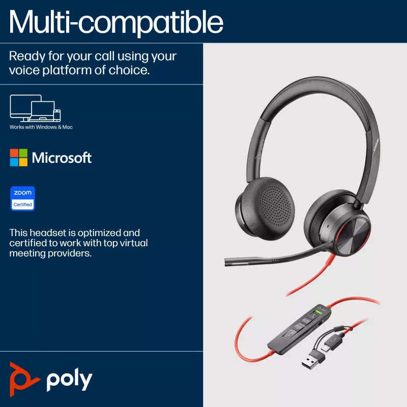 HP Poly Blackwire 8225 Stereo USB-C ακουστικά +USB-C/A adapter