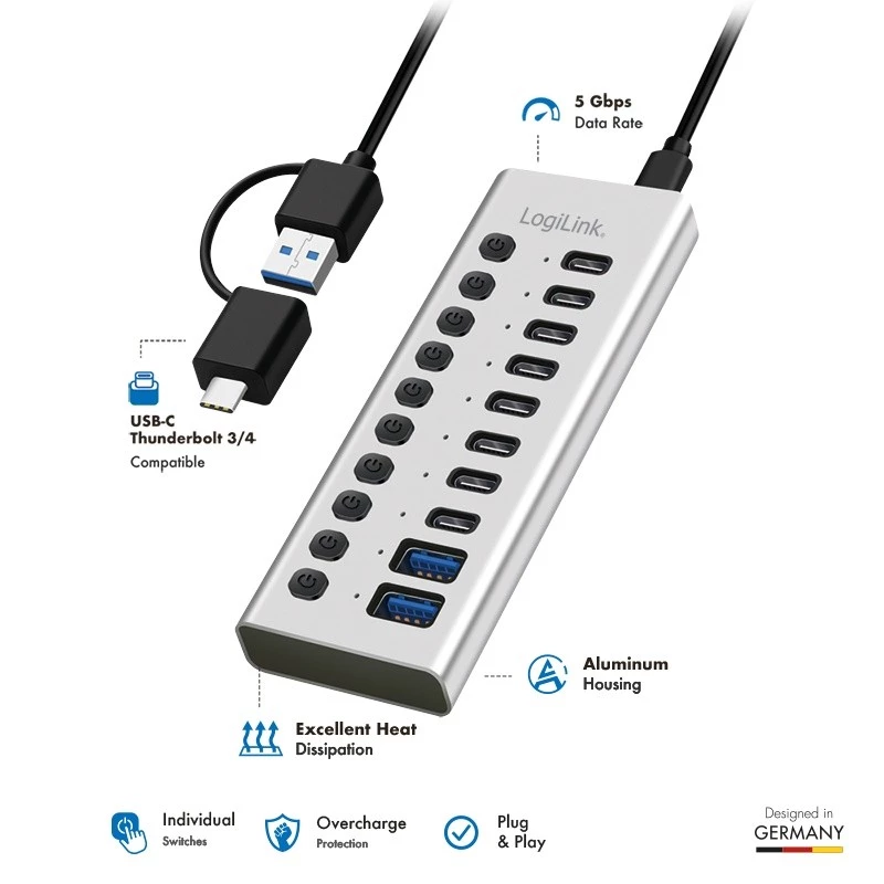 Hub USB3.2 Gen1 10 θύρες USB-A/C, διακόπτης on/off